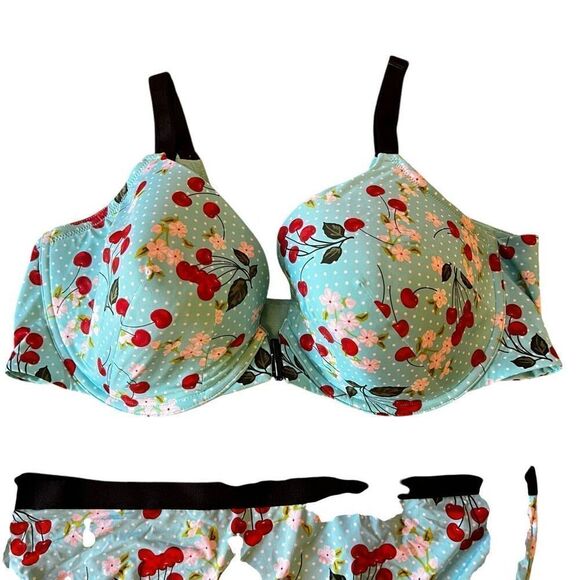 Torrid 40D T-Shirt Bra & Large Cheeky XO Back Panty Teal Cherry Floral Print - Picture 3 of 10